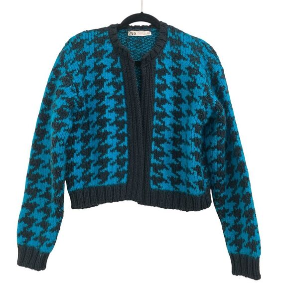 New ZARA chunky cropped open cardigan sweater houndstooth geometric blue Sz S - Picture 1 of 7